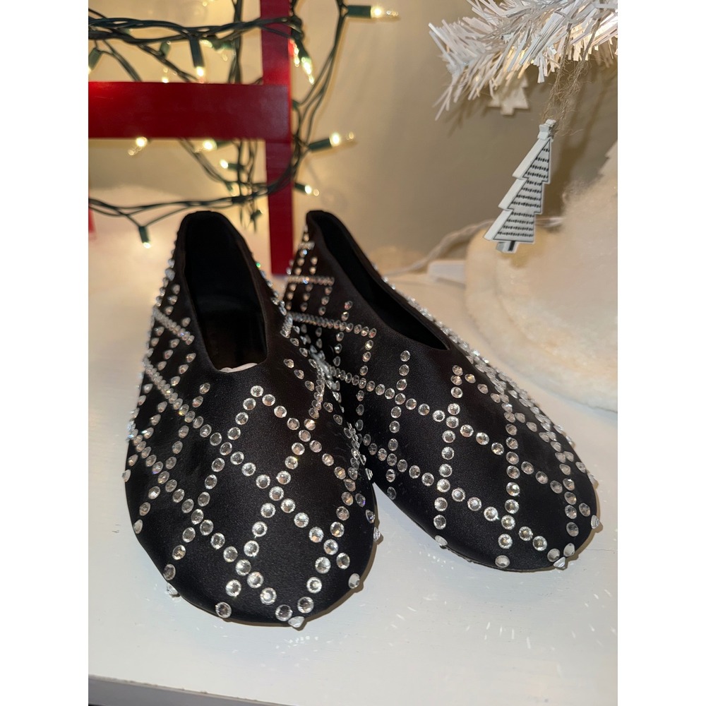 Abing Wang Black Embellished‎ Pointed Toe Ballet Flats Crystal Made in Italy